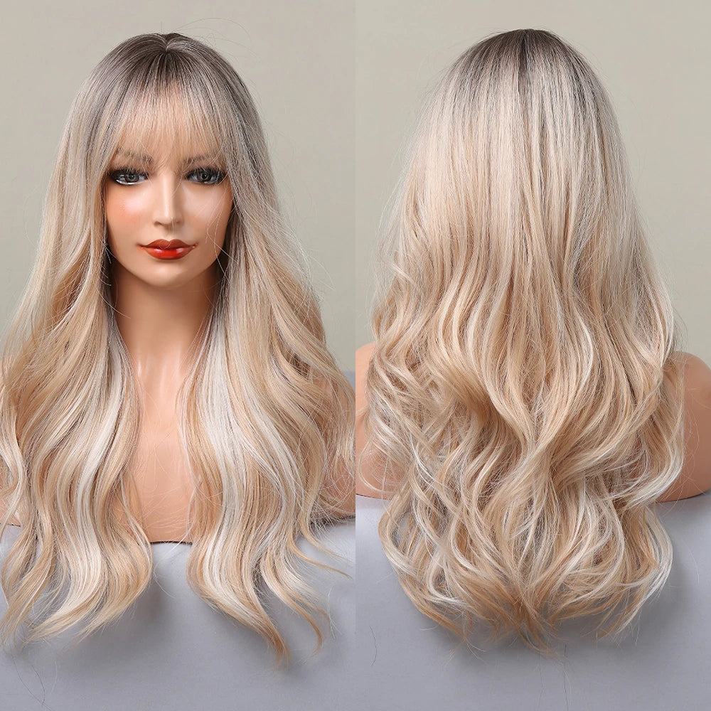 TINY LANA Natural Black Long Wavy Synthetic Wig with Bangs for Women Body Wave Dark Brown Wigs Cosplay Daily Hair Heat Resistant