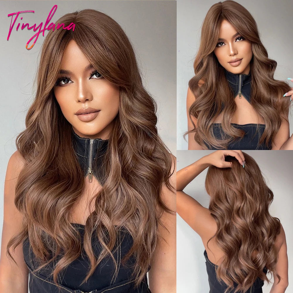 TINY LANA Natural Black Long Wavy Synthetic Wig with Bangs for Women Body Wave Dark Brown Wigs Cosplay Daily Hair Heat Resistant