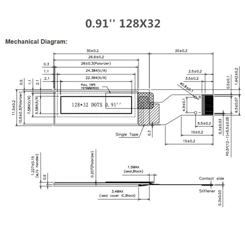 0.91" Inch OLED Display Blue 128X32 Dots Screen Module SSD1306 Chip 12P Serial SPI Port FPC Connector 12Pin