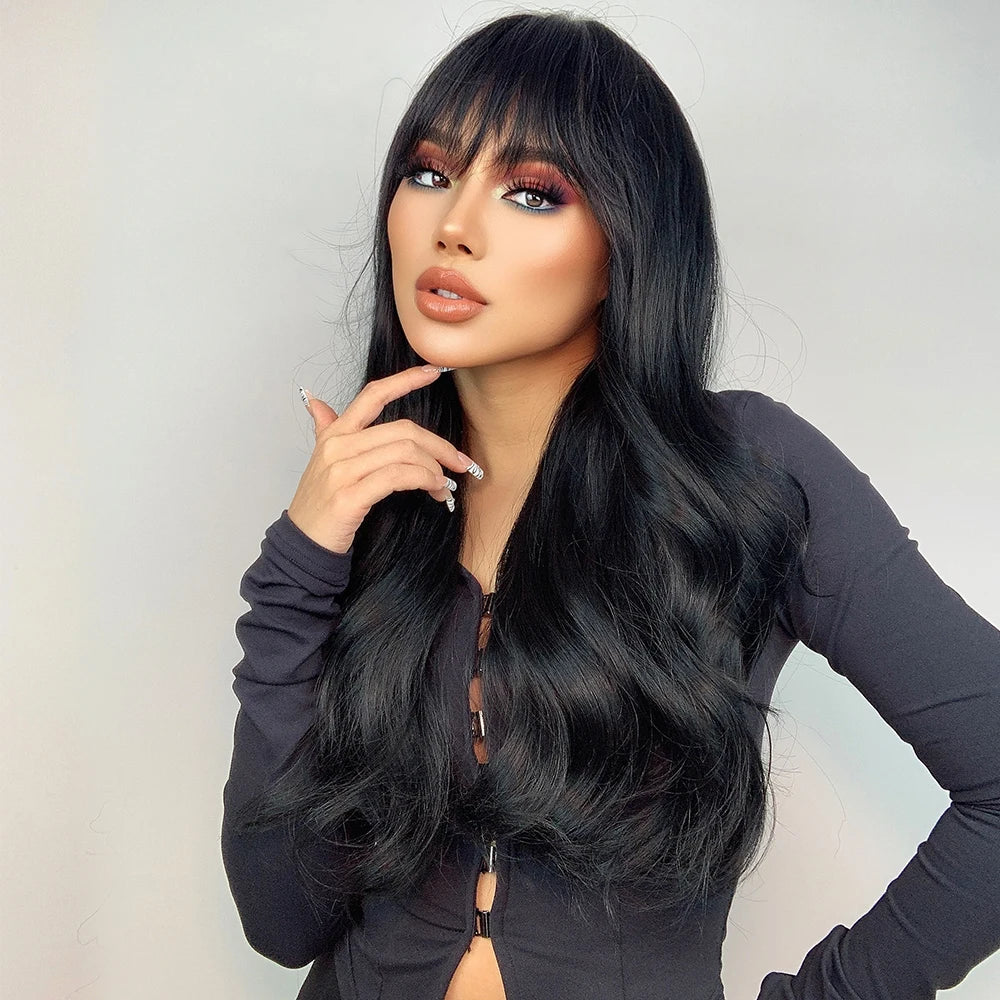 TINY LANA Natural Black Long Wavy Synthetic Wig with Bangs for Women Body Wave Dark Brown Wigs Cosplay Daily Hair Heat Resistant