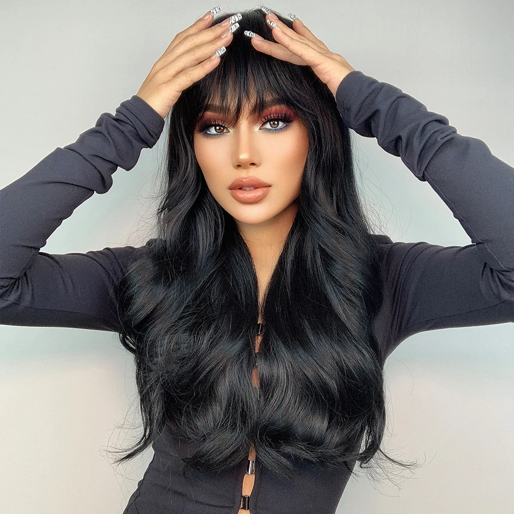 TINY LANA Natural Black Long Wavy Synthetic Wig with Bangs for Women Body Wave Dark Brown Wigs Cosplay Daily Hair Heat Resistant