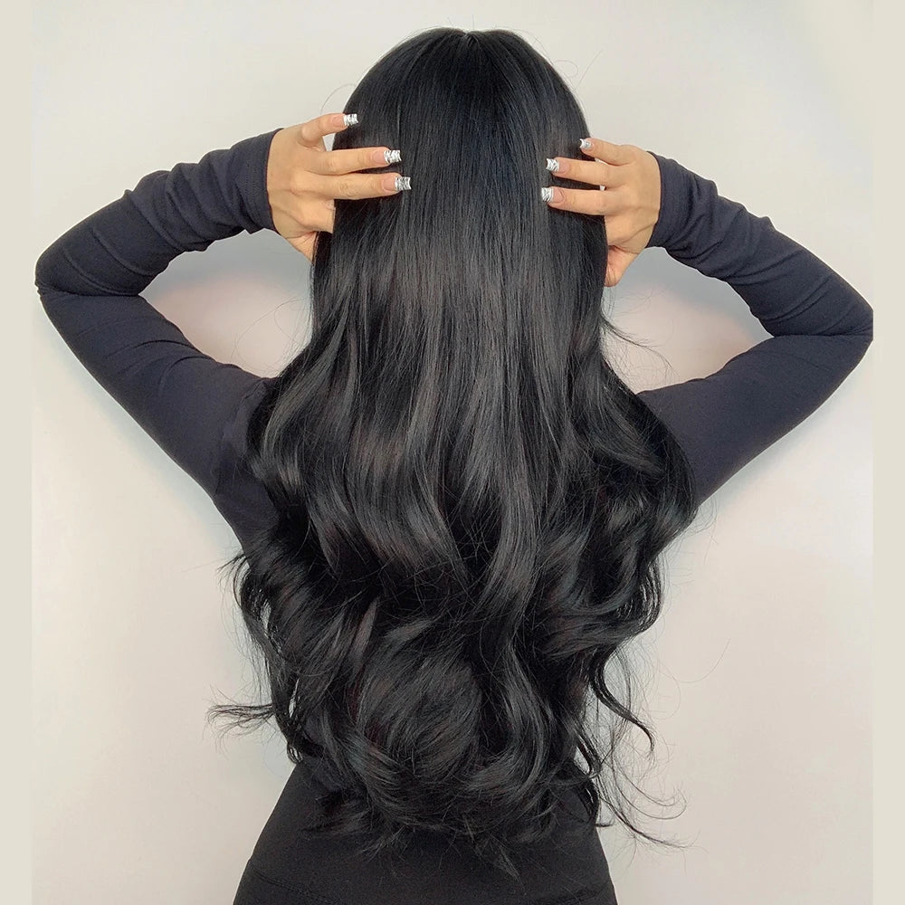 TINY LANA Natural Black Long Wavy Synthetic Wig with Bangs for Women Body Wave Dark Brown Wigs Cosplay Daily Hair Heat Resistant