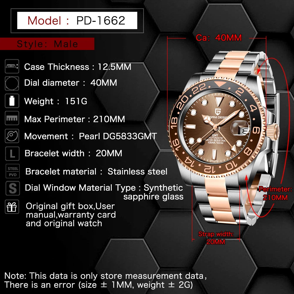 PAGANI DESIGN 40mm Luxury Men Mechanical Wristwatch Stainless Steel GMT Watch Top Brand Sapphire Glass Men Watches Reloj Hombre