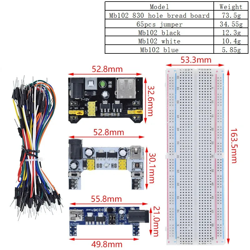 TZT MB-102 MB102 Breadboard 400 830 Point 65 Jumper Wires Solderless PCB Bread Board Test Develop DIY for Arduino Power Module
