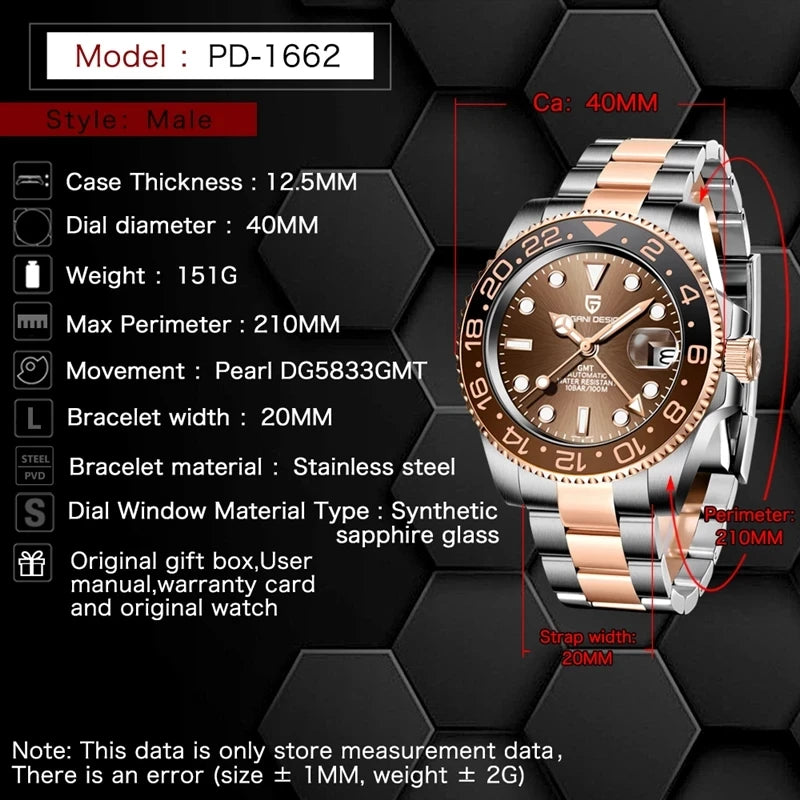 PAGANI DESIGN 40mm Luxury Men Mechanical Wristwatch Stainless Steel GMT Watch Top Brand Sapphire Glass Men Watches Reloj Hombre