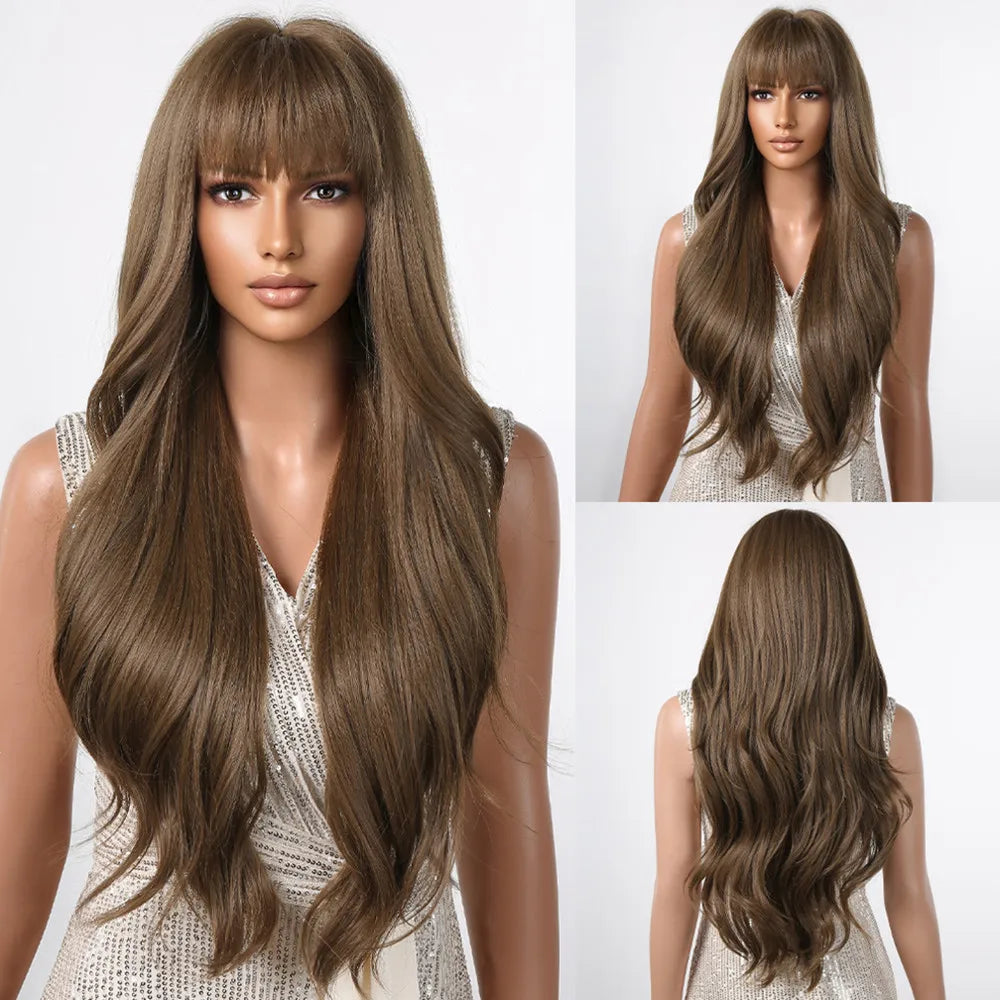 HENRY MARGU Light Brown Long Natural Wavy Wig Synthetic Hair Wig with Bangs for Women Daily Wear Hear Resistant Party Fake Hair