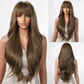 HENRY MARGU Light Brown Long Natural Wavy Wig Synthetic Hair Wig with Bangs for Women Daily Wear Hear Resistant Party Fake Hair