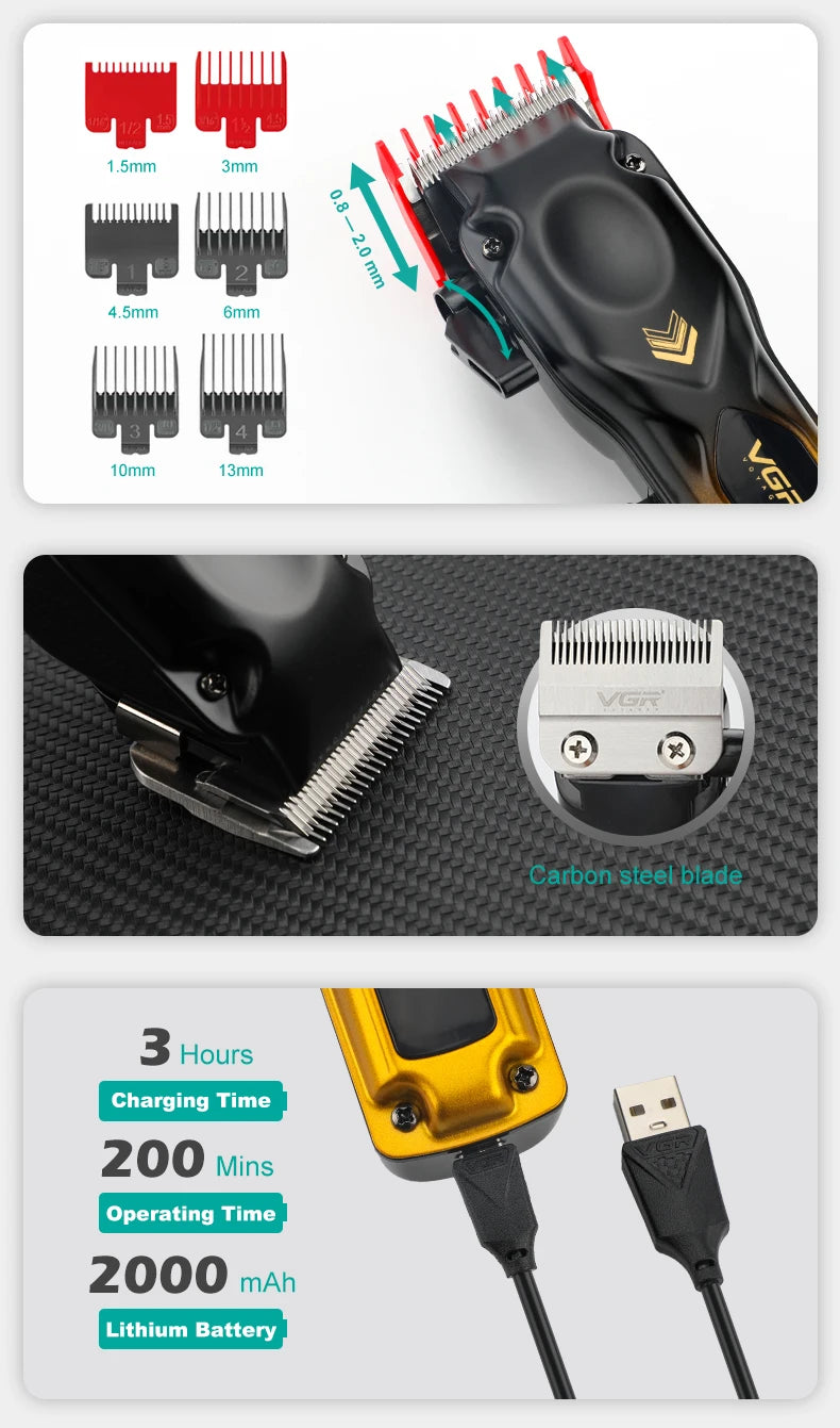 VGR hair clipper gradient color body high-end hair trimmer intelligent LCD digital display high-speed electric push shear V-656
