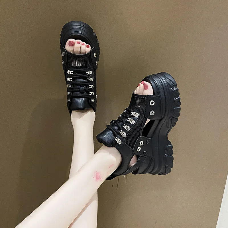 Pink 8CM High Heels Women Summer Platform Sandals Breathable Wedges Ladies Beach Mesh Slippers Chunky Rome Shoes Sandalias Mujer