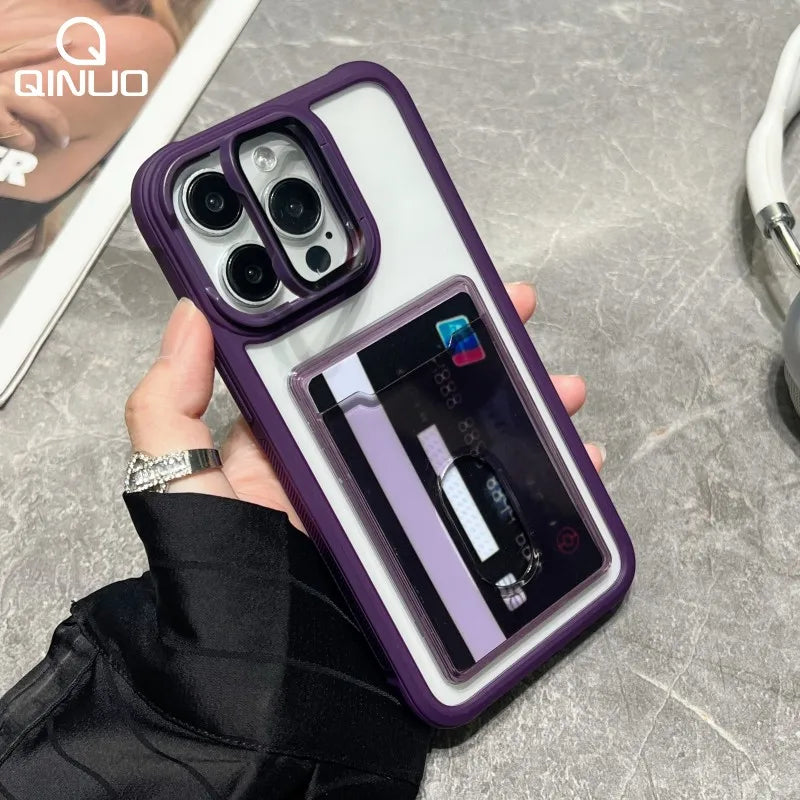 Transparent Card Slot Bag Holder Case For iPhone 17 16 15 14 13 12 11 Pro Max Shockproof Camera Lens Stand Protector Clear Cover