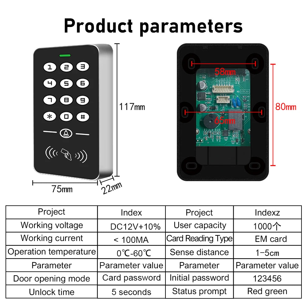 Access Control Reader 125KHz RFID Keypad Rainproof Cover keys Reader Door Entry Access Control System Electric Lock Opener