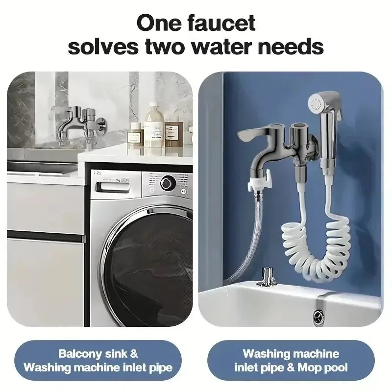 Stainless Steel Faucet Double Outlet Dual Control Water Tap One in Two Out Faucet 1/2" Bidet Faucets Bathroom Accessories