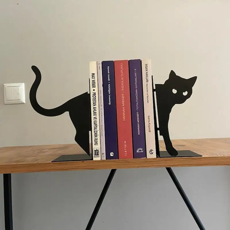 Metal Animal Bookends 1 Pair Cute Cat Bookends For Heavy Books Black Bookends Creative And Cute Cat Shape Desktop Organizer