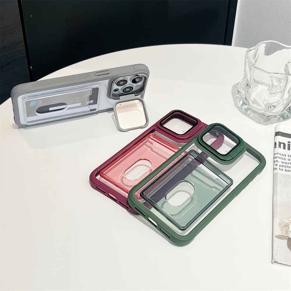 Transparent Card Slot Bag Holder Case For iPhone 17 16 15 14 13 12 11 Pro Max Shockproof Camera Lens Stand Protector Clear Cover