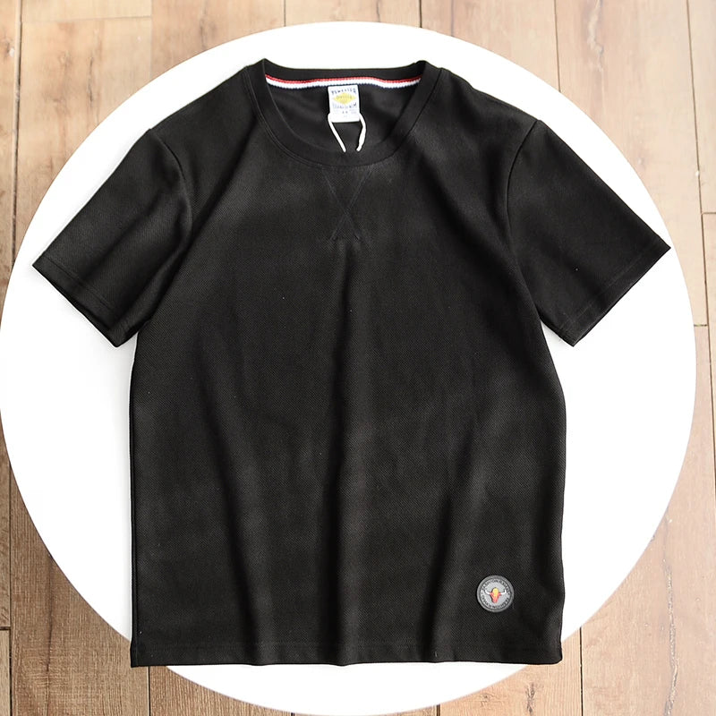 Summer New American Retro Waffle Microchapter T-shirt Men's Fashion Simple Washed Short Sleeve O-neck Casual Loose Youth Tops