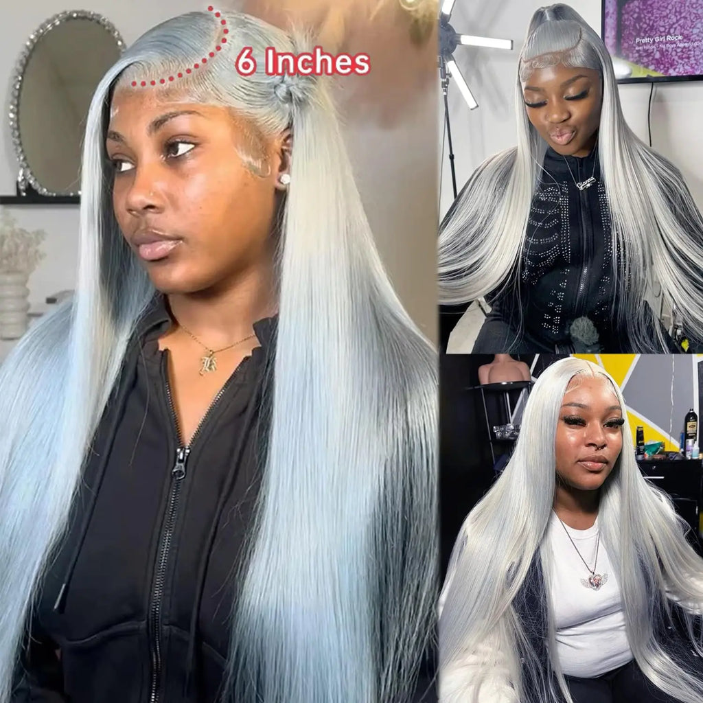 38 Inche Silver Grey Straight Lace Front Wig 100% Human Hair 613 Colored HD Transparent 13x6 Lace Frontal Wigs Cosplay Pre Pluck