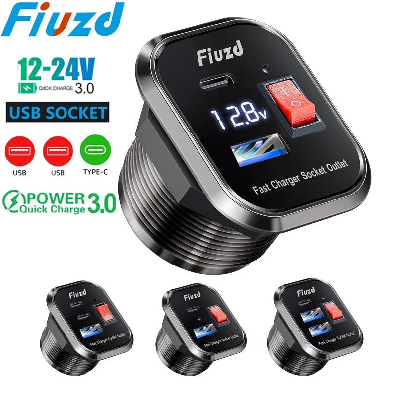 12V USB Outlet 36W Dual PD USB-C Port Quick Charge 3.0 Car USB Charger Socket Power Outlet w/ Voltmeter Switch