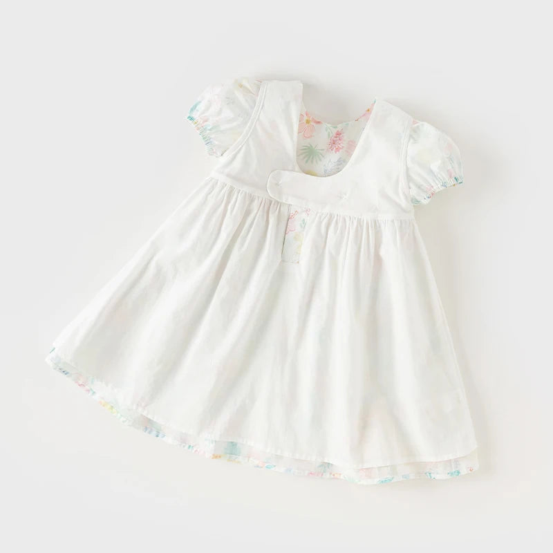 Dave Bella Girl's Princess Dress 2024 New Summer Children's Baby Short Sleeves Cotton Floral Cute Sweet Fashion Casual DB2240954