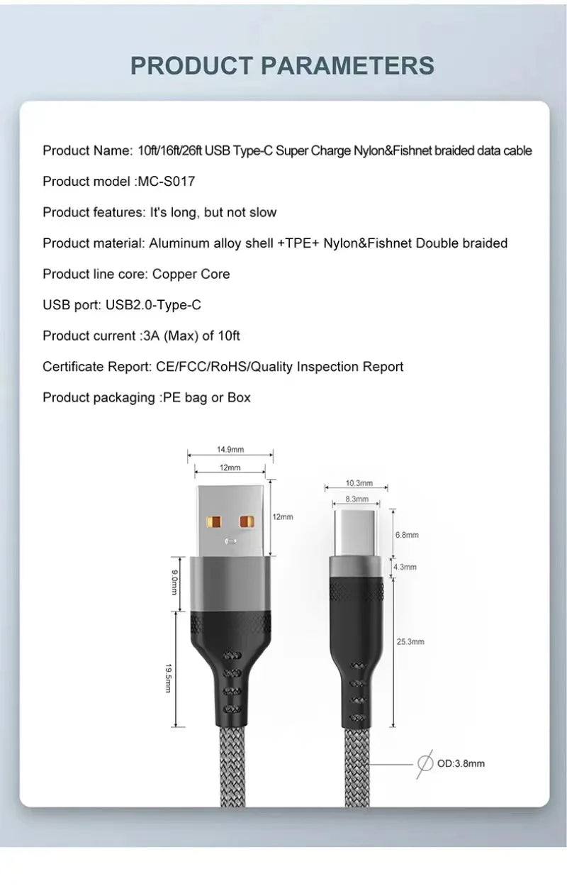 USB Type-C Extended  3M 5M 8-Meter Android Micro USB Fast Charging Cable For Huawei Xiaomi Vivo Oppo And Leeco Phone Data C