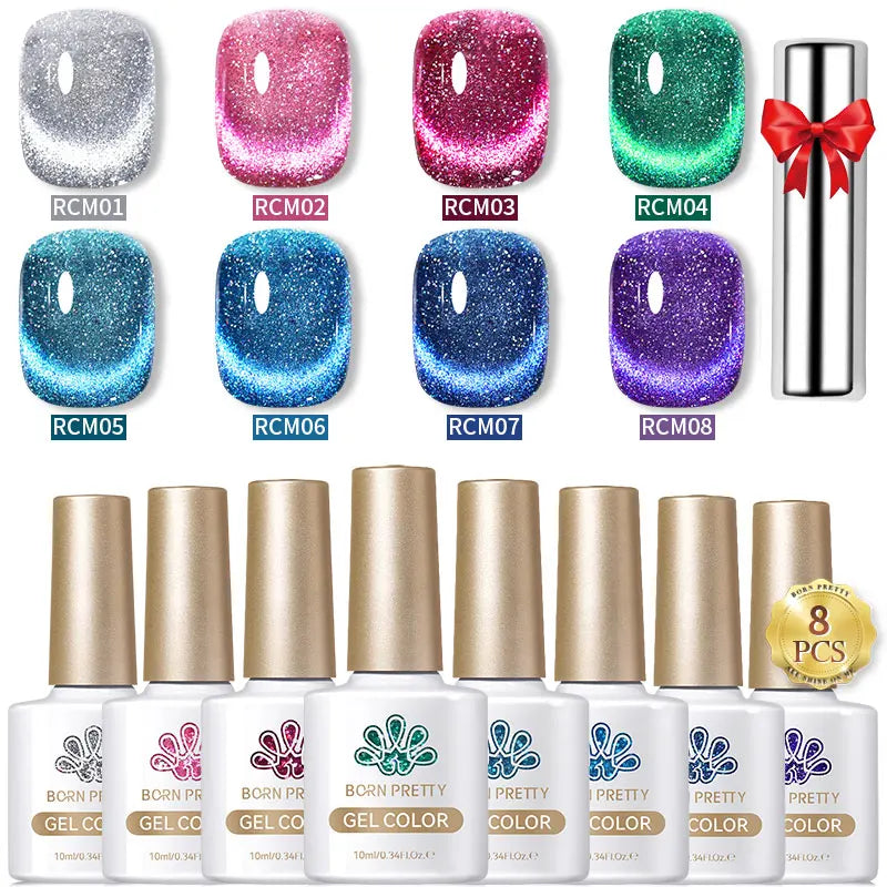 BORN PRETTY 8Pcs Glitter Cat Magnetic Nail Gel Polish Set Moonlight Transparent Summer Semi Permanent UV Gel Soak Off Nail Gel