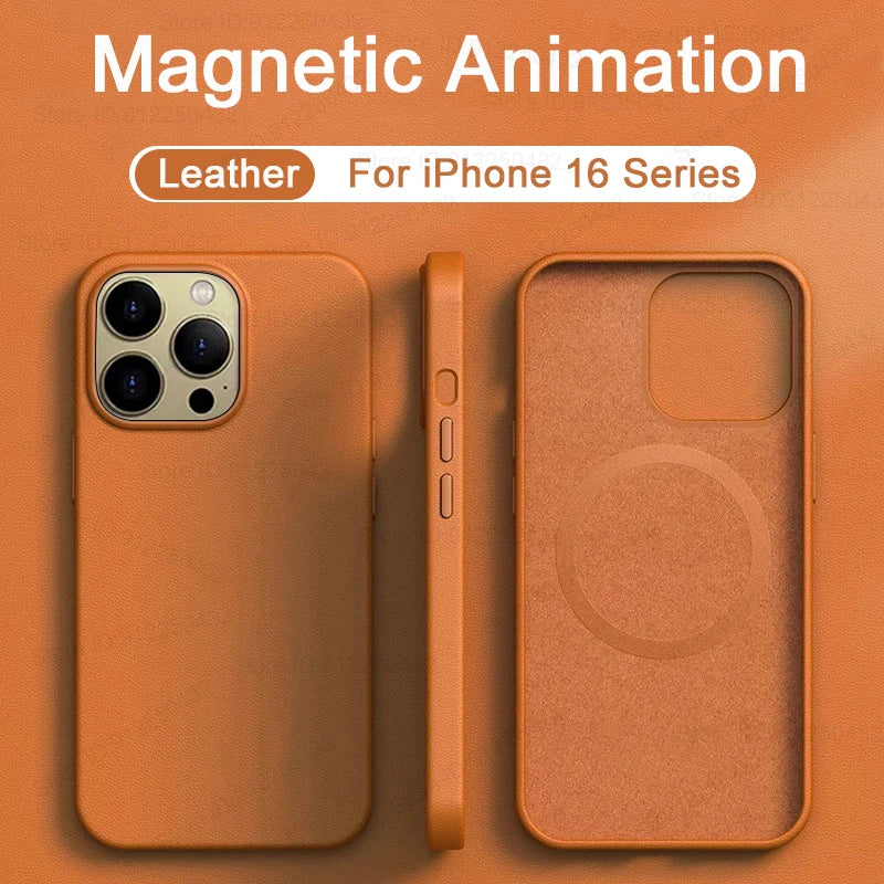 Luxury For Magsafe Leather Case For Apple iPhone 16 Pro Max Plus Magnetic Animation Wireless Charge Shockproof Cover Accessories