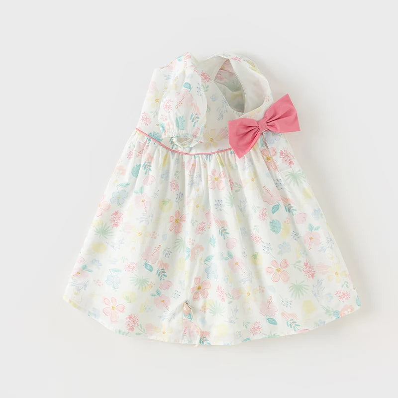 Dave Bella Girl's Princess Dress 2024 New Summer Children's Baby Short Sleeves Cotton Floral Cute Sweet Fashion Casual DB2240954