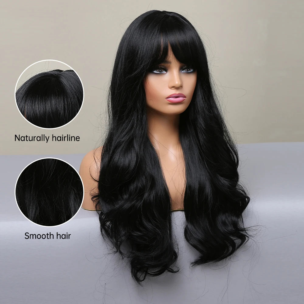 TINY LANA Natural Black Long Wavy Synthetic Wig with Bangs for Women Body Wave Dark Brown Wigs Cosplay Daily Hair Heat Resistant