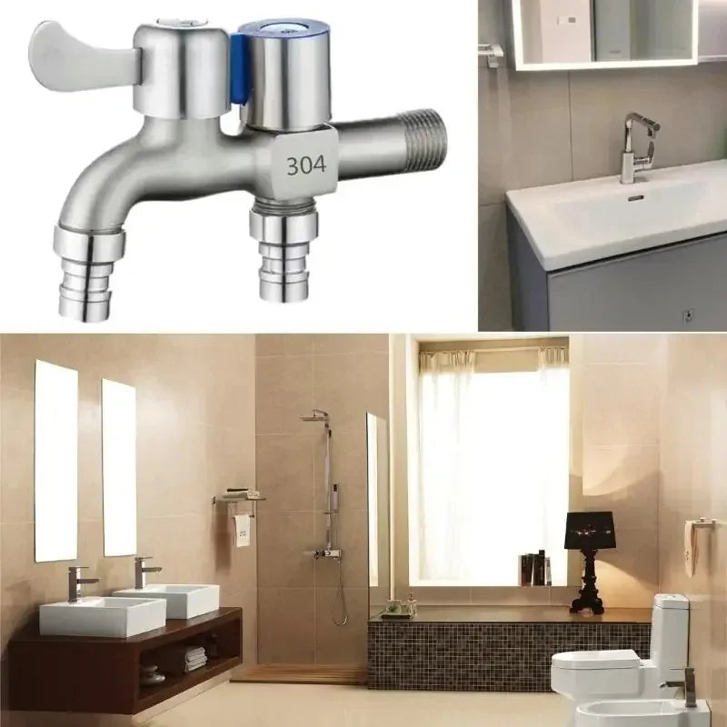 Stainless Steel Faucet Double Outlet Dual Control Water Tap One in Two Out Faucet 1/2" Bidet Faucets Bathroom Accessories