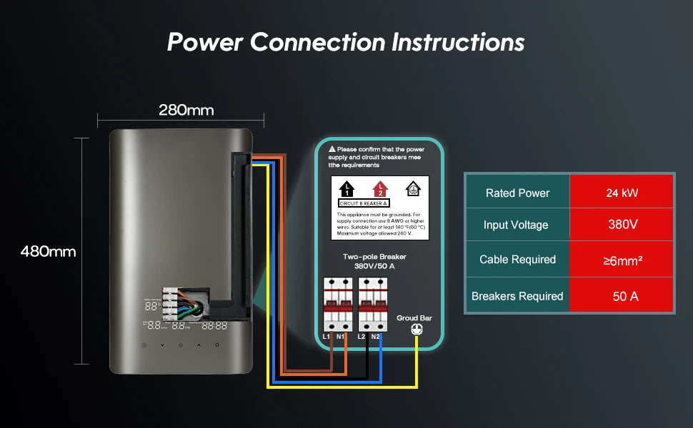380V 24KW 3 Phase Tankless Electric Water Heater Whole House Instant Hot Water Large Flow Fast Heating Constant Temperature