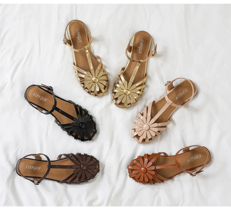 Summer Flat Sandals for Women Braided Hollow Closed-toe Sandals Outdoor Wear Breathable Holiday Roman Shoes sandalias de mujer