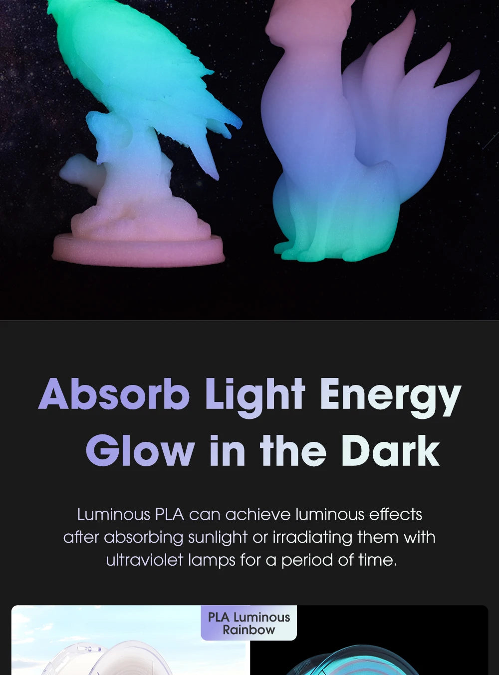 eSUN PLA Luminous-Rainbow PLA Filament 1.75mm Glow in the Dark eStars PLA 1KG Spool Luminous 3D Printing Filament For 3D Printer