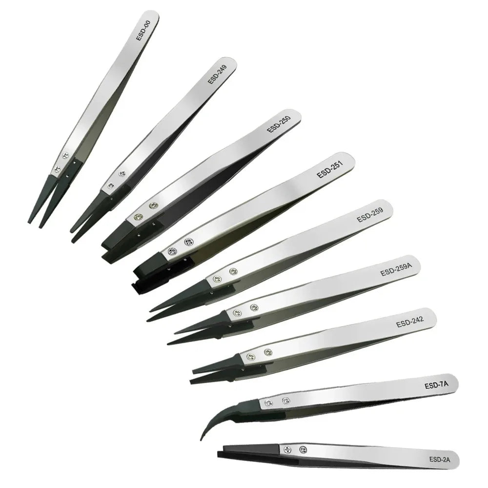 Industrial Tweezers Electronics Anti-static Curved Straight Tip Precision Stainless DIY Hand Tools Sets Forceps Phone Repair