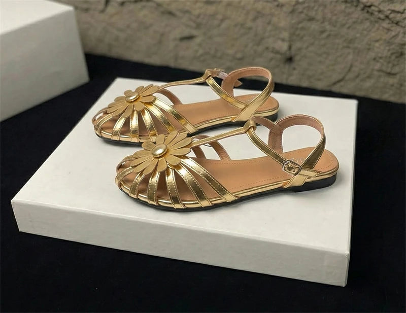 Summer Flat Sandals for Women Braided Hollow Closed-toe Sandals Outdoor Wear Breathable Holiday Roman Shoes sandalias de mujer