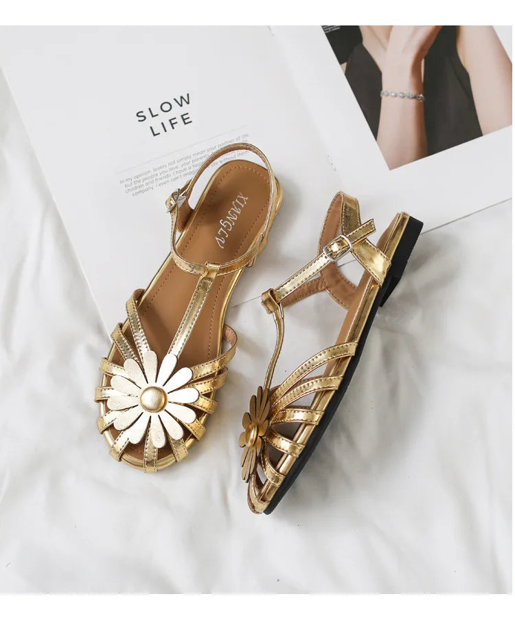 Summer Flat Sandals for Women Braided Hollow Closed-toe Sandals Outdoor Wear Breathable Holiday Roman Shoes sandalias de mujer