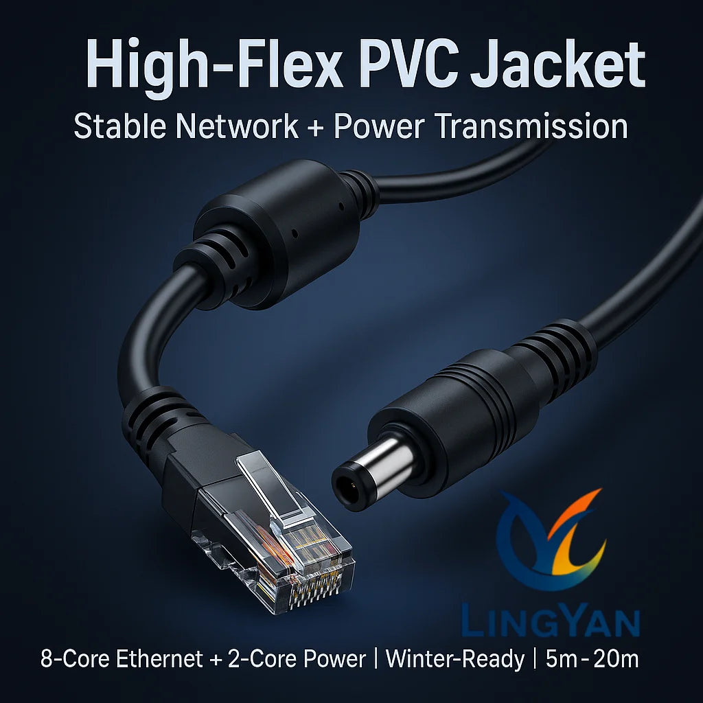 Winter-Ready 8+2 CCTV Extension Cable | DC5.5×2.1 + RJ45 One-Cable Power & Network | High-Flex PVC for IP Cameras 5–20m