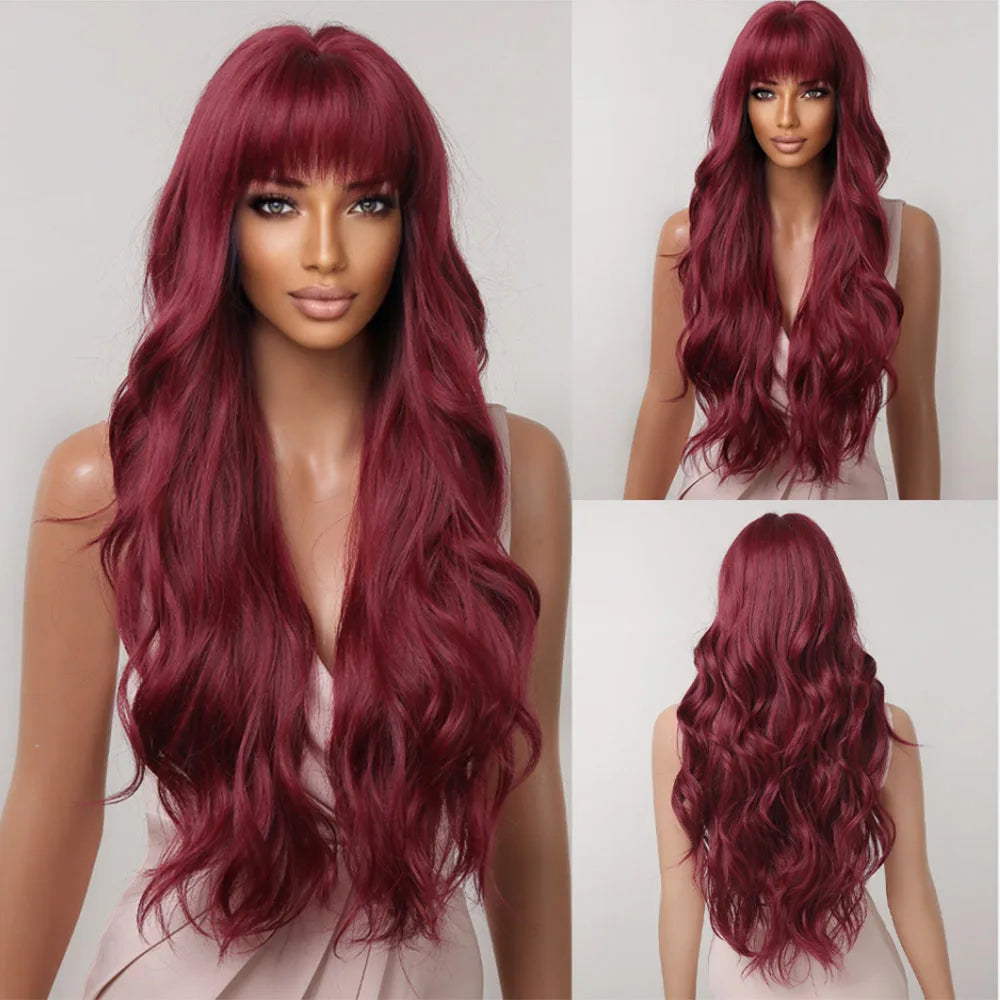 HENRY MARGU Light Brown Long Natural Wavy Wig Synthetic Hair Wig with Bangs for Women Daily Wear Hear Resistant Party Fake Hair