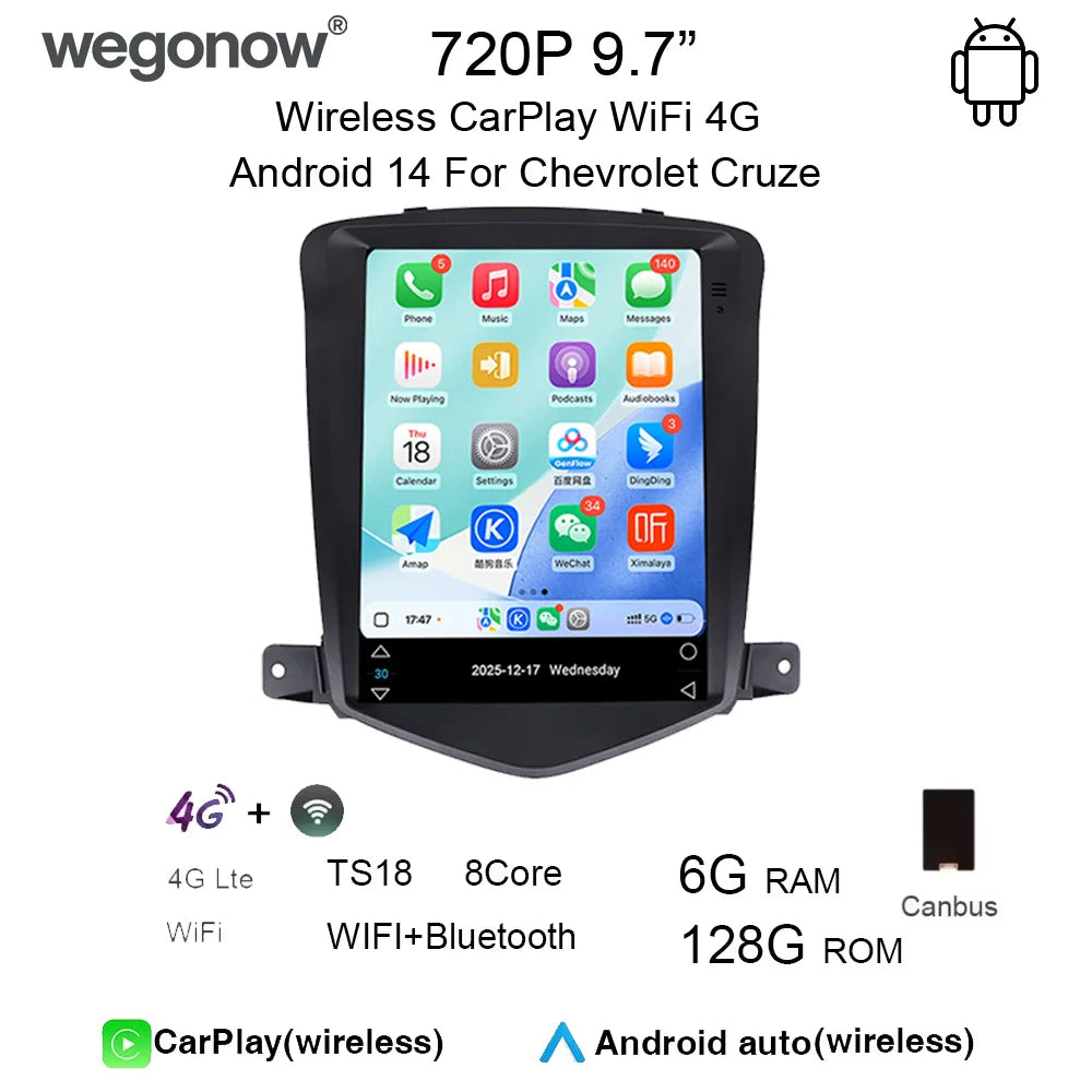 Wegonow Android 14.0 For Chevrolet Cruze 720P 9.7" 12 512G Universal in-car wireless CarPlay Auto Android 4G Wi-Fi Bluetooth