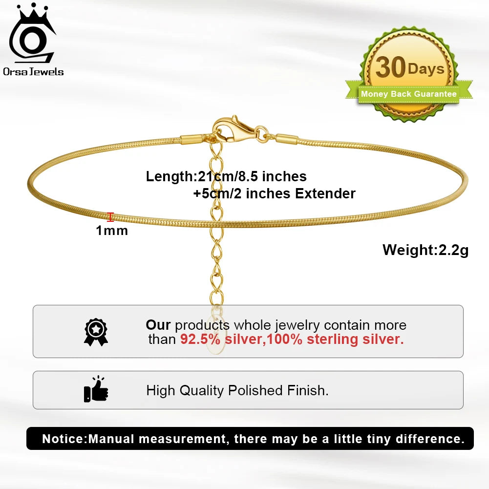 ORSA JEWELS 925 Sterling Silver 1.0mm Snake Chain Anklet for Women Fashion Summer Beach Foot Bracelet Anklets Jewelry SA23