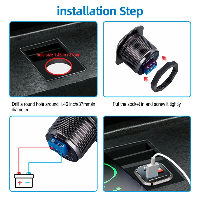 12V USB Outlet 36W Dual PD USB-C Port Quick Charge 3.0 Car USB Charger Socket Power Outlet w/ Voltmeter Switch