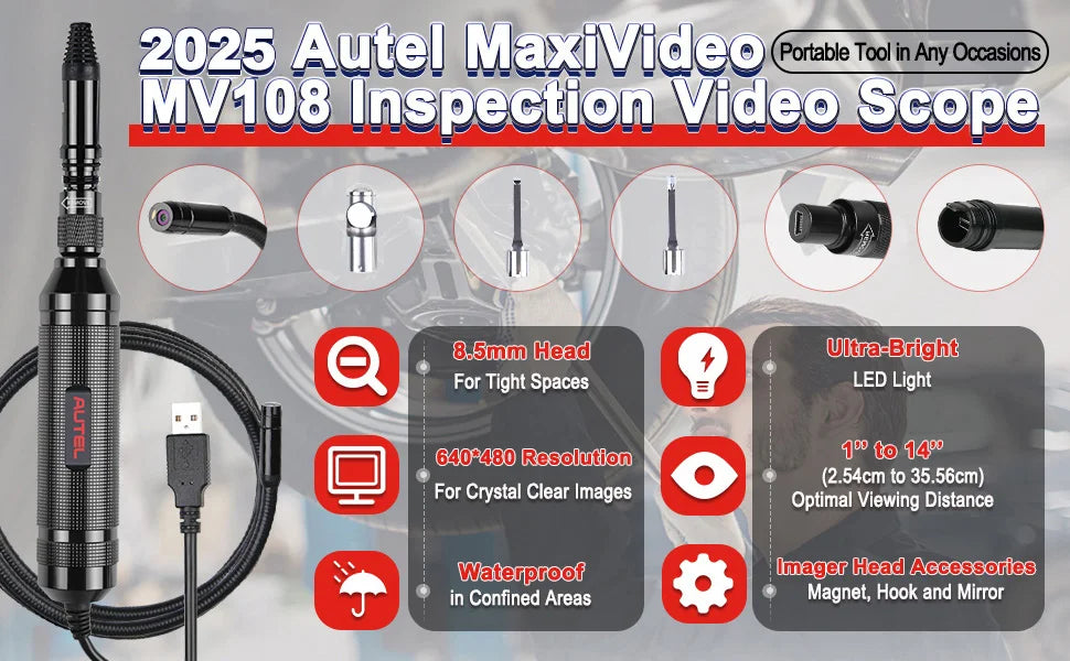 Autel MaxiVideo MV108S HD Digital Inspection Camera For MaxiSys Pro And PC Support Video Inspection E Image Head Powerful 8.5mm