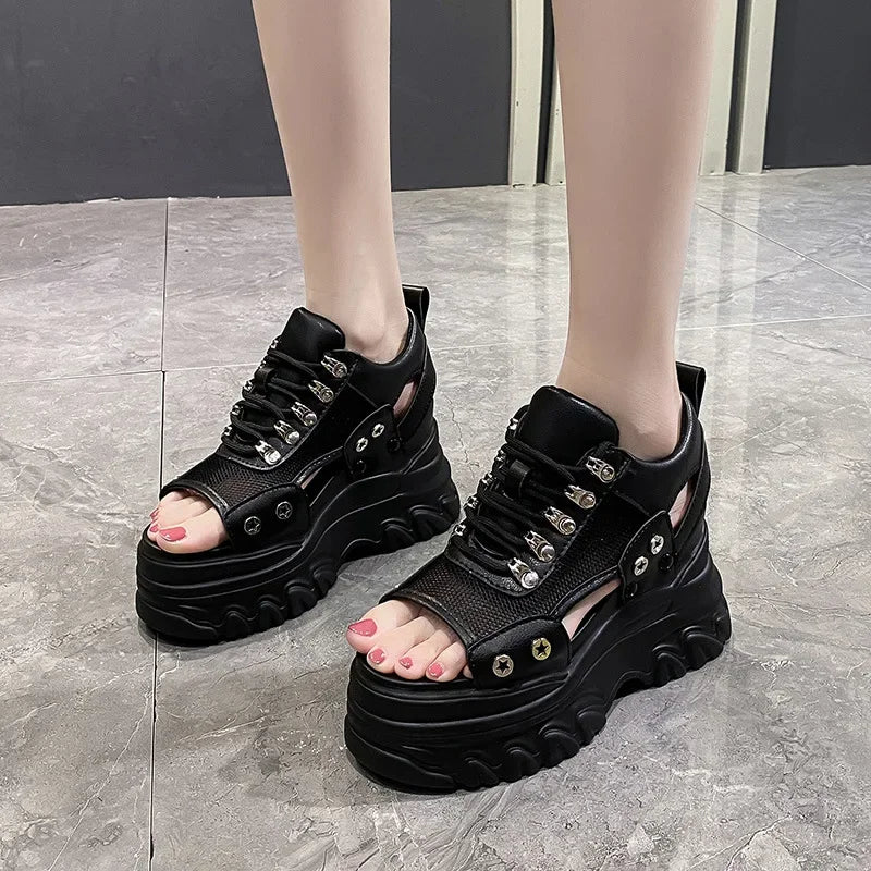 Pink 8CM High Heels Women Summer Platform Sandals Breathable Wedges Ladies Beach Mesh Slippers Chunky Rome Shoes Sandalias Mujer