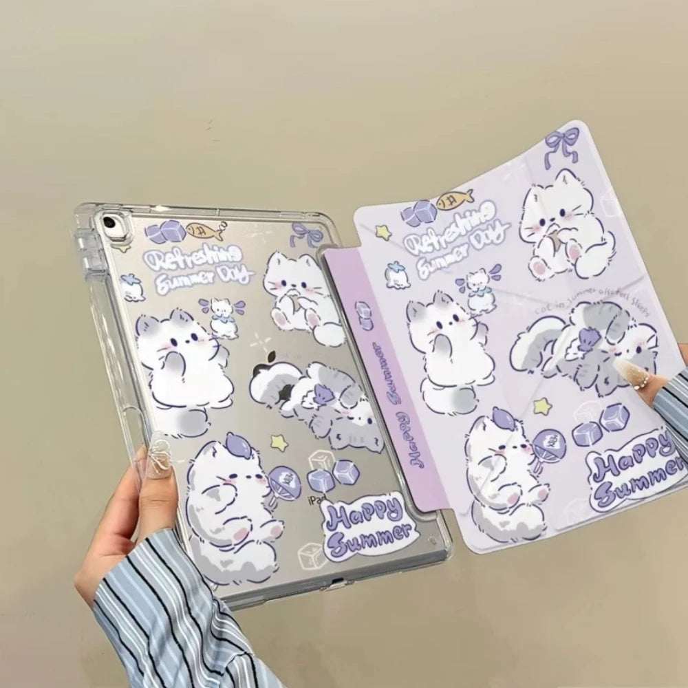 3+Y Type Cute Cat Case with Pencil Holder For 2025 IPad 11th A16 Pro Air 13 11 M3 M2 M4 2025 12.9 " 9 8 7 6 5 4 10Th Mini 7 6