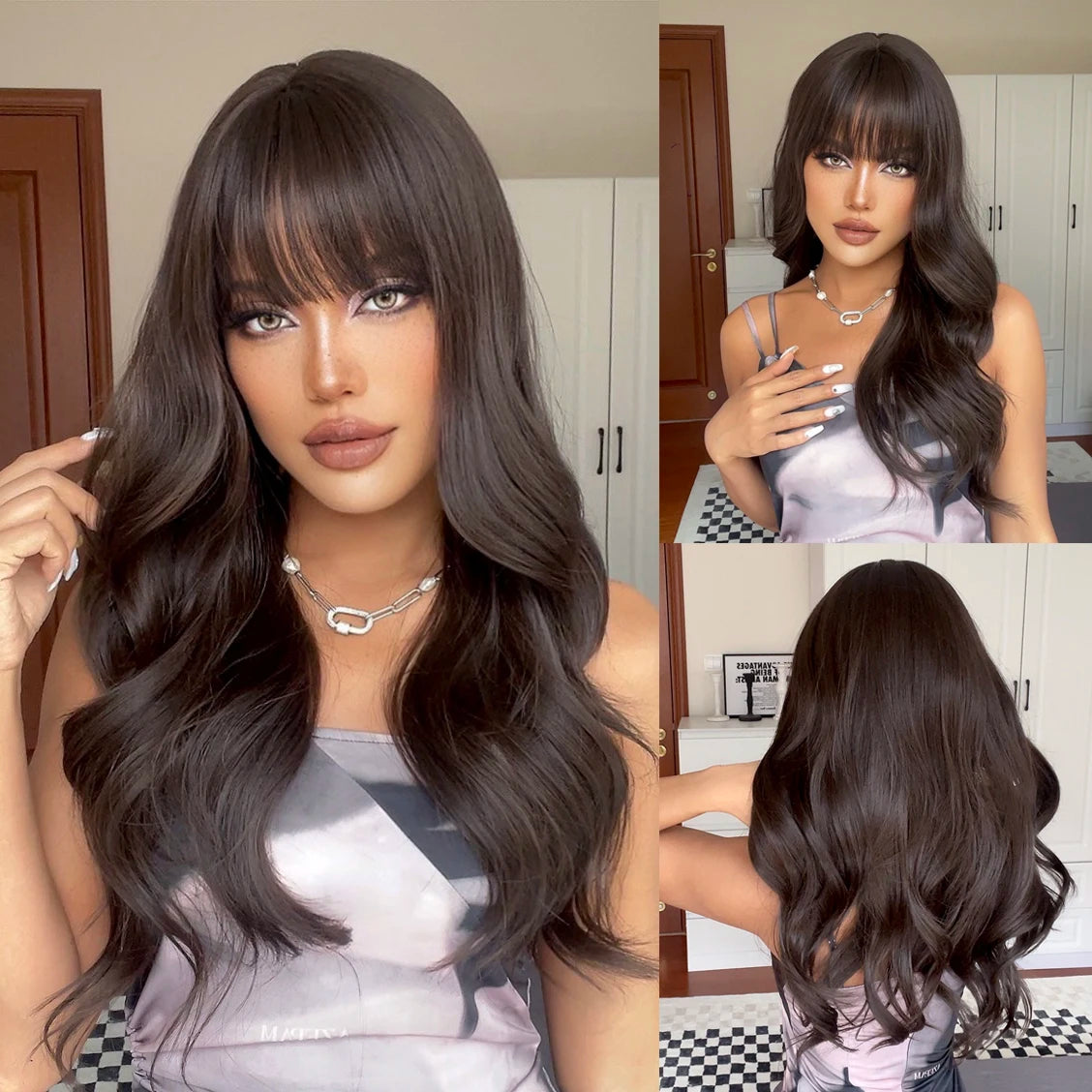 HENRY MARGU Light Brown Long Natural Wavy Wig Synthetic Hair Wig with Bangs for Women Daily Wear Hear Resistant Party Fake Hair