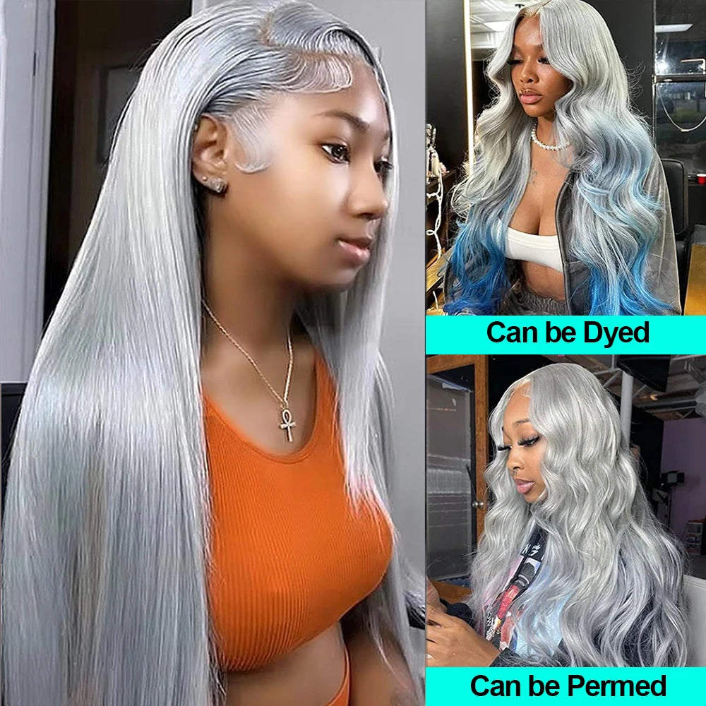 38 Inche Silver Grey Straight Lace Front Wig 100% Human Hair 613 Colored HD Transparent 13x6 Lace Frontal Wigs Cosplay Pre Pluck