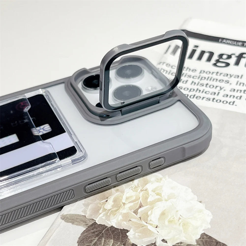Transparent Card Slot Bag Holder Case For iPhone 17 16 15 14 13 12 11 Pro Max Shockproof Camera Lens Stand Protector Clear Cover