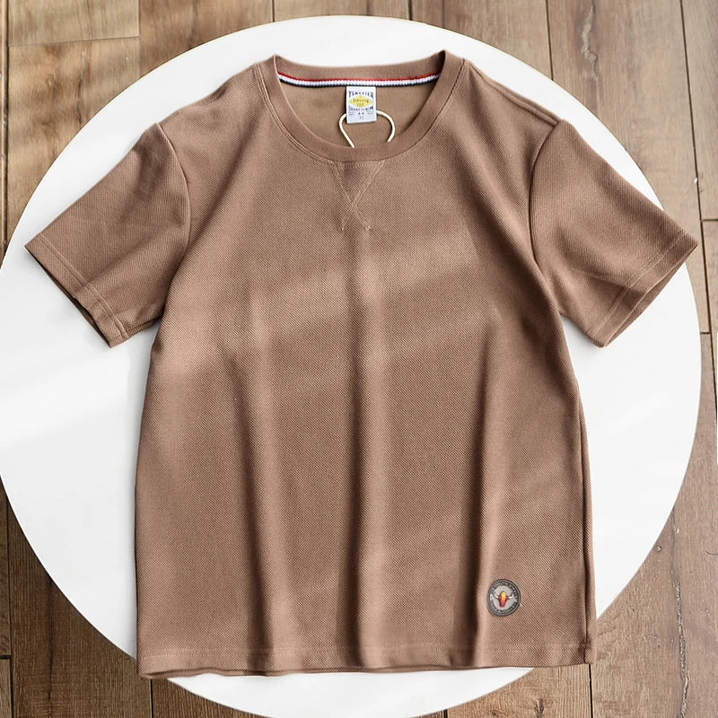 Summer New American Retro Waffle Microchapter T-shirt Men's Fashion Simple Washed Short Sleeve O-neck Casual Loose Youth Tops
