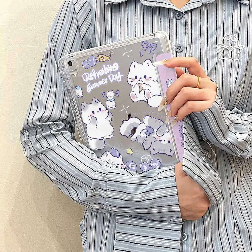 3+Y Type Cute Cat Case with Pencil Holder For 2025 IPad 11th A16 Pro Air 13 11 M3 M2 M4 2025 12.9 " 9 8 7 6 5 4 10Th Mini 7 6