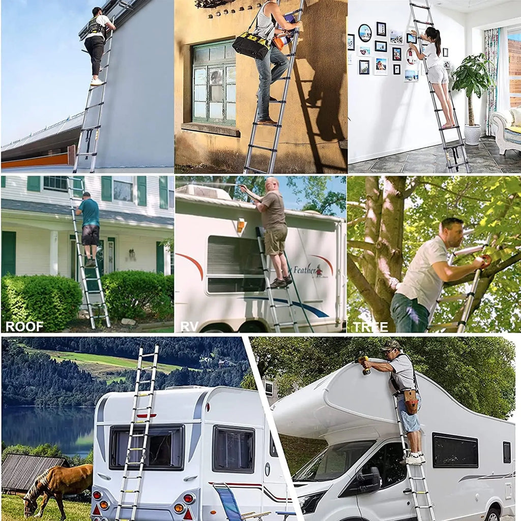 DayPlus 2.6M-5M Telescopic Ladder Sturdy Aluminum Telescoping Extension Ladder 330lb Max Load EN131 for Household Outdoor Work