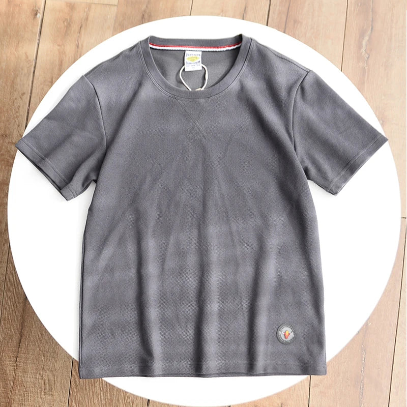 Summer New American Retro Waffle Microchapter T-shirt Men's Fashion Simple Washed Short Sleeve O-neck Casual Loose Youth Tops