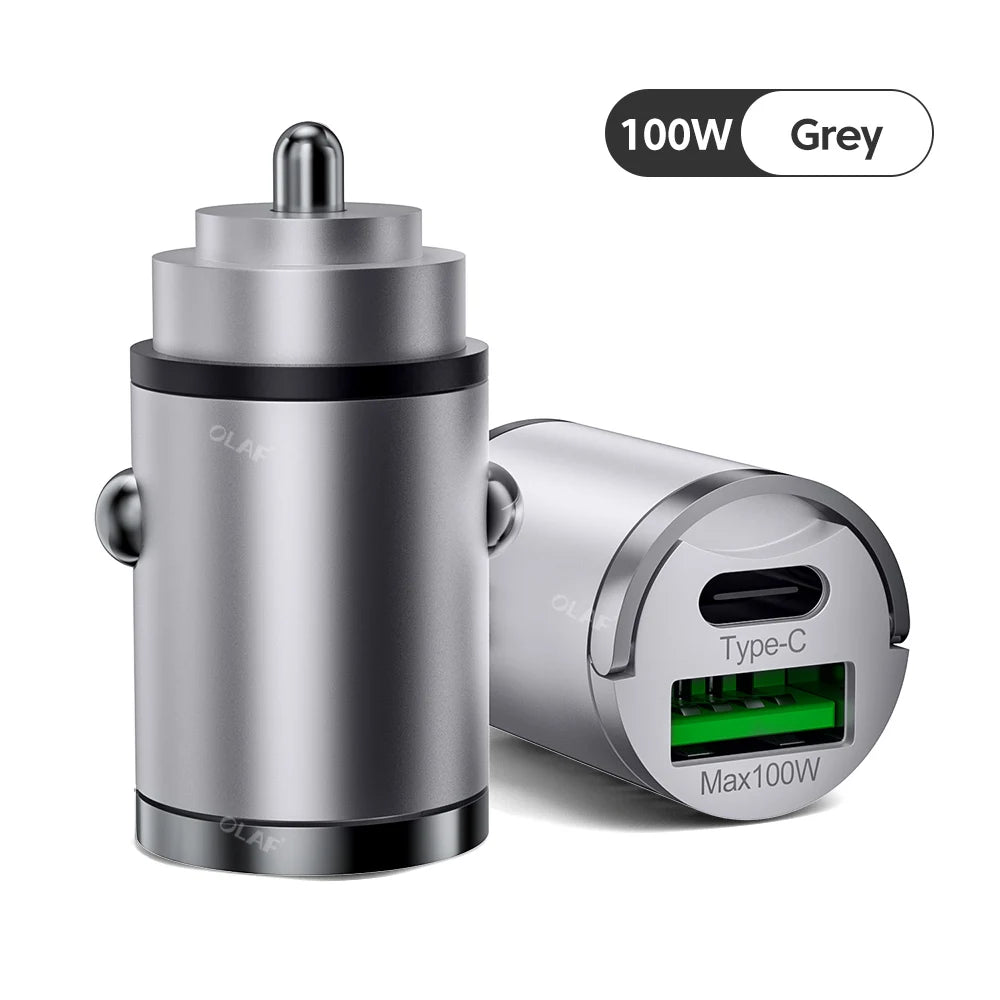 Olaf 100W Mini Car Charger Lighter Fast Charging for iPhone QC3.0 Mini PD USB Type C Car Phone Charger for Xiaomi Samsung Huawei